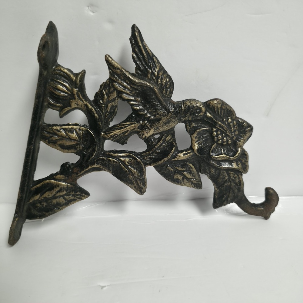 VTG Cast Iron Hummingbird Plant Hanger Hook Wall Bracket Flower Basket Bronze